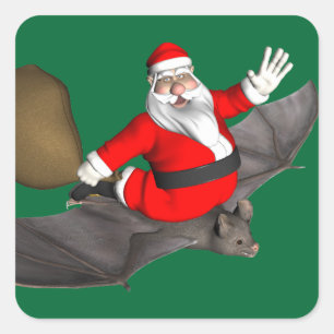 Santa Claus On Flying Bat Square Sticker