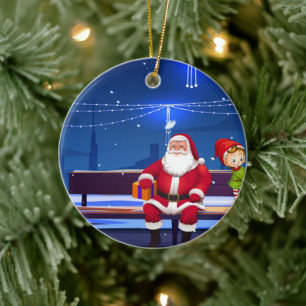 Santa Claus on Park bench Ceramic Tree Decoration