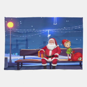 Santa Claus on Park bench Tea Towel