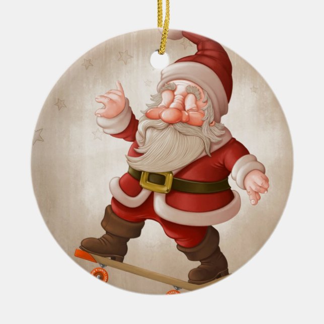 Santa Claus on skateboard Ceramic Tree Decoration (Front)