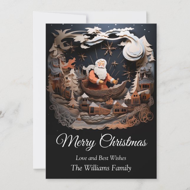 Santa Claus on Sleigh in Sky 3D Merry Christmas Holiday Card (Front)