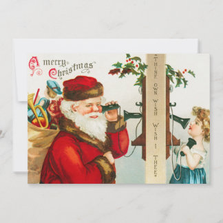 Santa Claus on string phones listening to Child Holiday Card