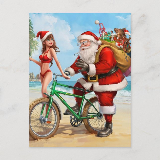 Santa Claus on the beach, Merry Christmas! Postcard (Front)