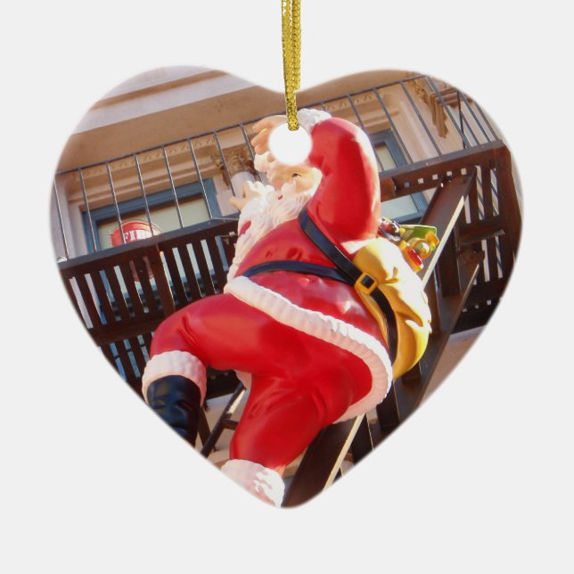 Santa Claus on the Fire Escape Ceramic Tree Decoration (Front)