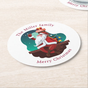 santa claus on the roof merry christmas monogram round paper coaster