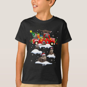 Santa Claus Otters Red Truck Xmas Tree Merry Chris T-Shirt