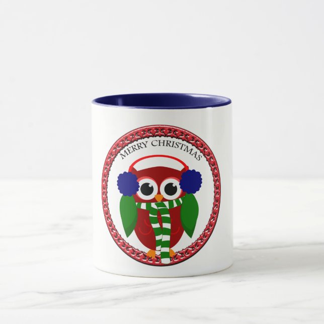 Santa Claus Owl with a scarf and blue ear muffs Mug (Center)