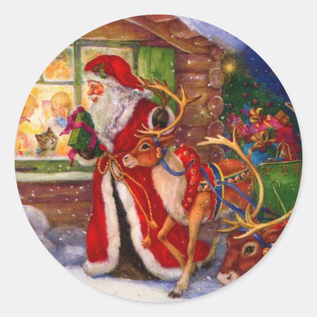 Santa Claus Peeking Through The Window Classic Round Sticker (Front)
