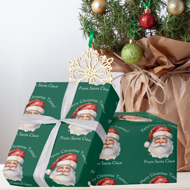Santa Claus Personalised Green Kids Christmas Wrapping Paper (Creator Uploaded)