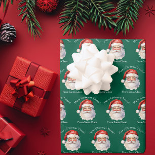 Santa Claus Personalised Green Kids Christmas Wrapping Paper Sheet