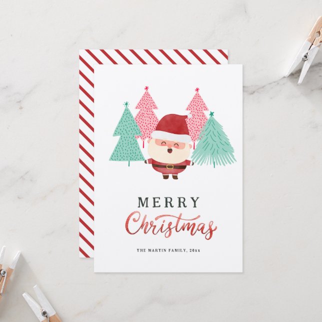 Santa Claus Pine Tree Christmas Holiday Card (Front/Back In Situ)