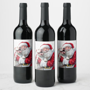 Santa Claus & Pitbull Puppy Dog Wine Label