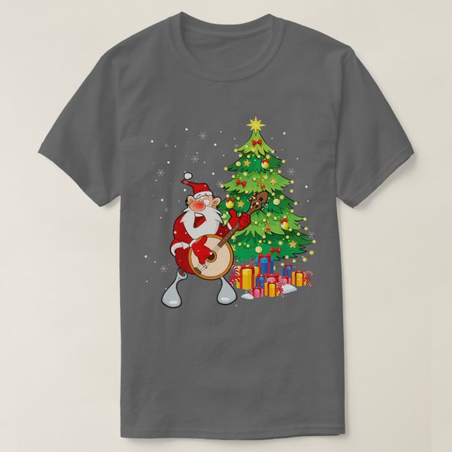 Santa Claus Play Banjo Nearby Christmas Tree Funny T-Shirt (Design Front)