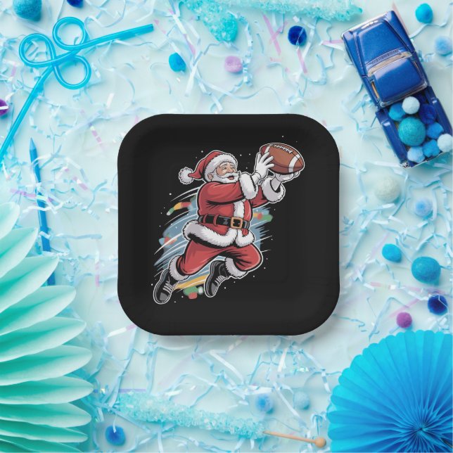 Santa Claus Playing American Football Christmas  Paper Plate (Party)