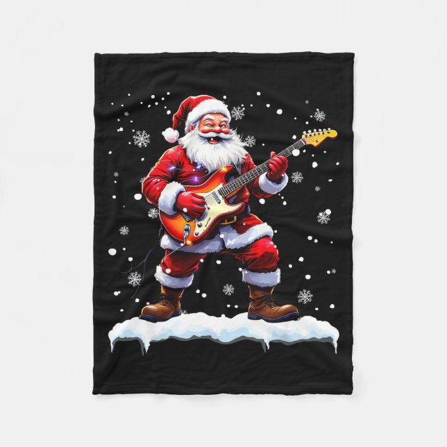 Santa Claus Playing B Guitar Christmas Xmas Music  Fleece Blanket (Front)
