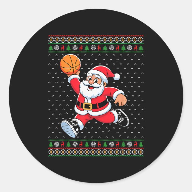 Santa Claus Playing Basketball Ugly Christmas Men  Classic Round Sticker (Front)