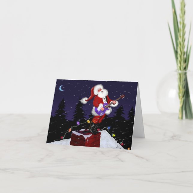 Santa Claus Playing Electric Guitar Holiday Card (Front)