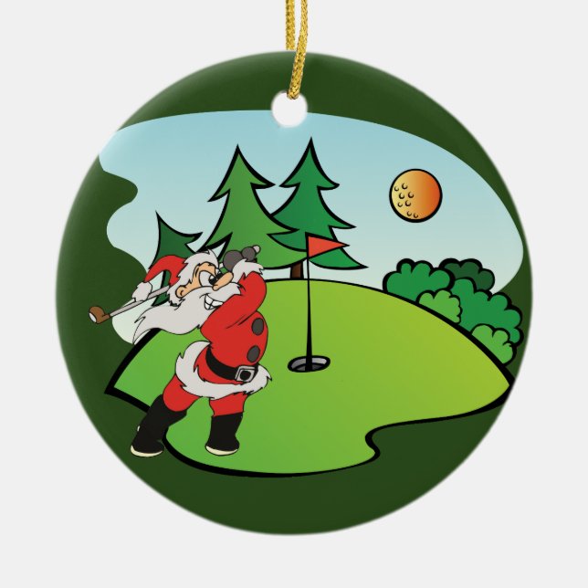 Santa Claus playing golf on the 9th hole Ceramic Tree Decoration (Front)