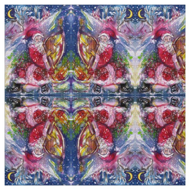 SANTA CLAUS PLAYING HARP IN MOON LIGHT Christmas Fabric (Swatch)