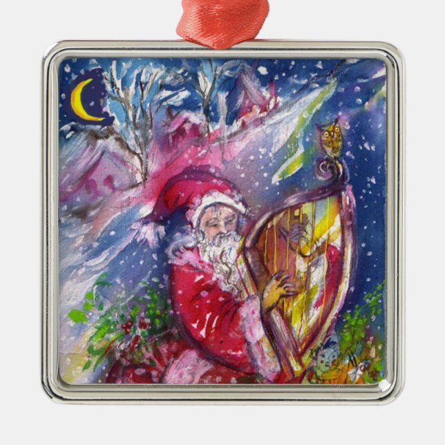 SANTA CLAUS PLAYING HARP IN MOONLIGHT Christmas Metal Tree Decoration (Front)