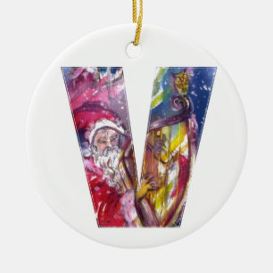 SANTA CLAUS PLAYING HARP IN THE MOONLIGHT CERAMIC TREE DECORATION