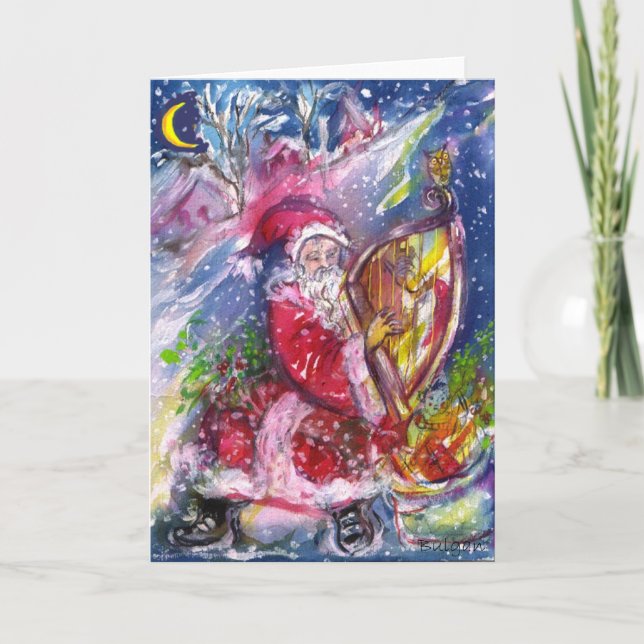 SANTA CLAUS PLAYING HARP IN THE MOONLIGHT HOLIDAY CARD (Front)