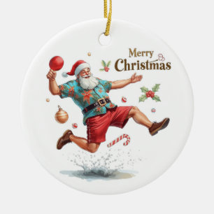 Santa Claus playing ping pong in a Hawaiian shirt Ceramic Tree Decoration