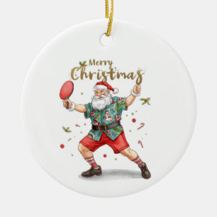 Santa Claus playing ping pong in a Hawaiian shirt Ceramic Tree Decoration