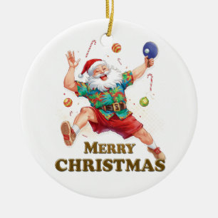 Santa Claus playing ping pong in a Hawaiian shirt Ceramic Tree Decoration