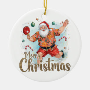 Santa Claus playing ping pong in a Hawaiian shirt Ceramic Tree Decoration