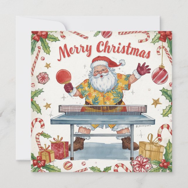 Santa Claus playing ping pong in a Hawaiian shirt Holiday Card (Front)
