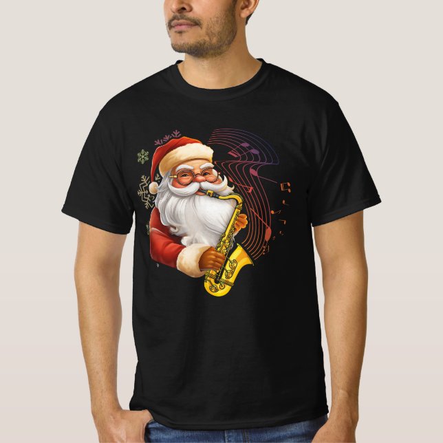Santa Claus Playing Saxophone Musical Musician Chr T-Shirt (Front)