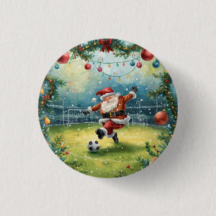 Santa Claus playing Soccer Christmas field  3 Cm Round Badge