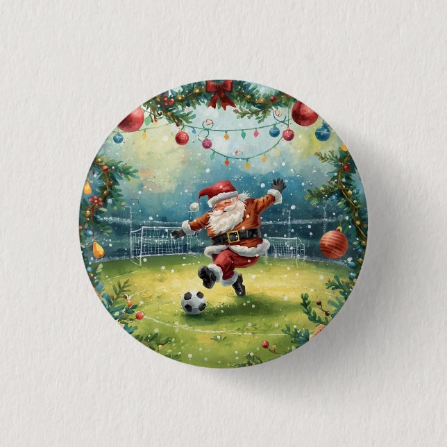 Santa Claus playing Soccer Christmas field  3 Cm Round Badge (Front)