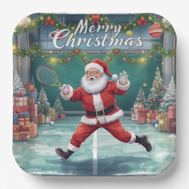 Santa Claus playing tennis on Christmas Holiday  Paper Plate (Front)