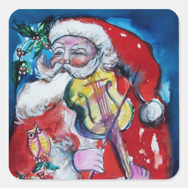 SANTA CLAUS PLAYING VIOLIN Christmas Party Square Sticker (Front)