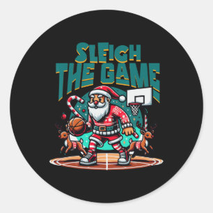 Santa Claus Plays Basketball- Christmas Xmas Boys Classic Round Sticker