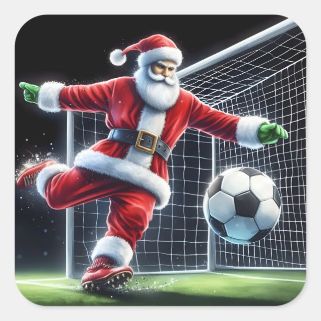Santa Claus Plays Soccer in a Winter Wonderland Square Sticker (Front)