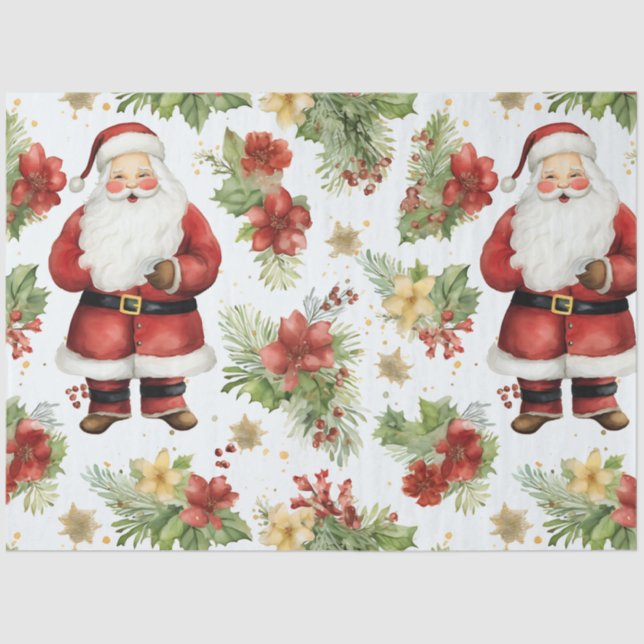Santa Claus Poinsettas Flowers Christmas Tissue Paper (Front)