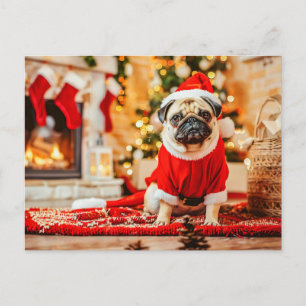 Santa Claus Pug with Christmas Tree Postcard