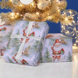 Santa Claus Puppy Snow Modern Christmas Wrapping Paper