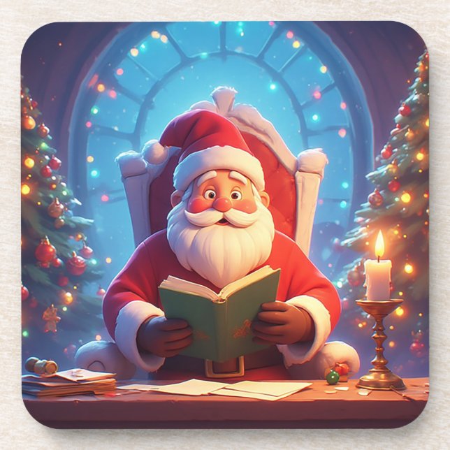 Santa Claus Reading a Book by Candlelight Coaster (Front)