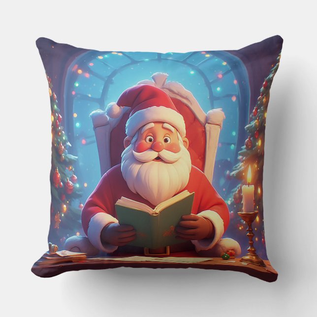 Santa Claus Reading a Book by Candlelight Cushion (Front)