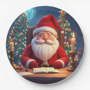 Santa Claus Reading a Book by Candlelight Paper Plate