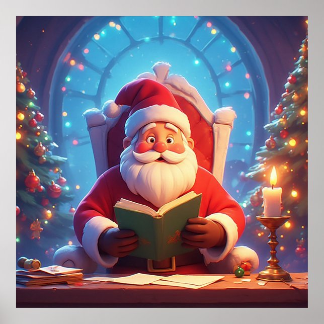 Santa Claus Reading a Book by Candlelight Poster (Front)