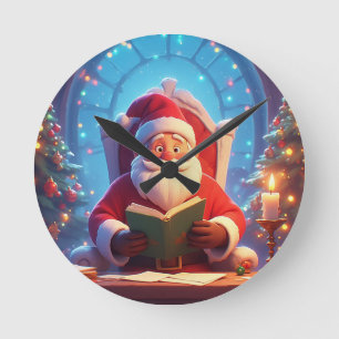 Santa Claus Reading a Book by Candlelight Round Clock