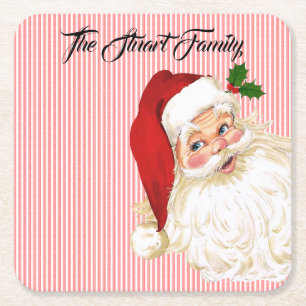 Santa Claus Red White Stripe Square Paper Coaster