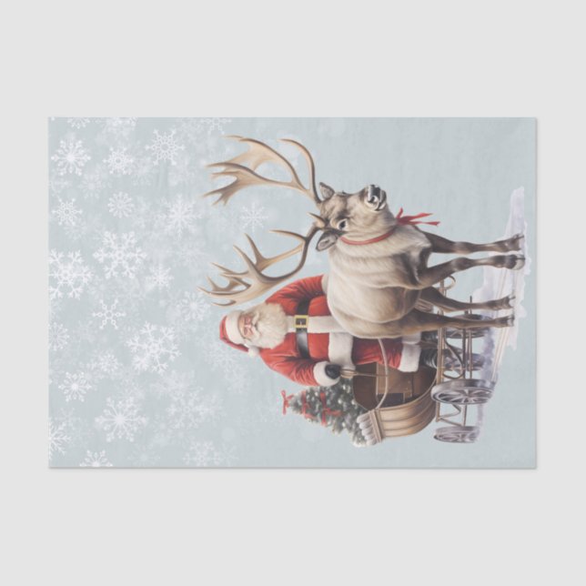 Santa Claus Reindeer and Sled Watercolor Tissue Paper (Front)