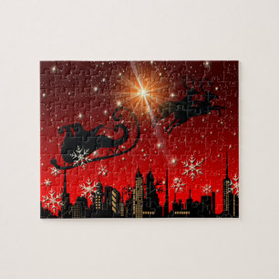 Santa Claus Reindeer and Sleigh Flying Jigsaw Puzzle