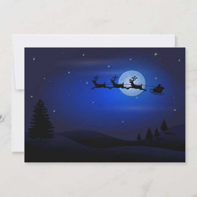 Santa Claus Reindeer and Sleigh over Moon Holiday Card (Front)